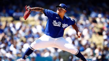 LOS ANGELES, CALIFORNIA - AUGUST 13: Julio Urias #7 of the Los Angeles Dodgers throws against the Colorado Rockies in the fourth inning at Dodger Stadium on August 13, 2023 in Los Angeles, California.   Ronald Martinez/Getty Images/AFP (Photo by RONALD MARTINEZ / GETTY IMAGES NORTH AMERICA / Getty Images via AFP)