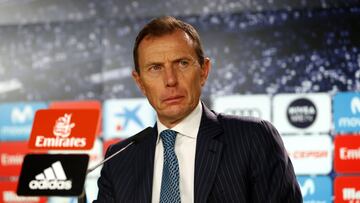 Butrague?o during the press conference at the Bernab¨¦u.