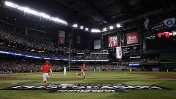 PHOENIX, ARIZONA - OCTOBER 21: Kyle Schwarber #12 of the Philadelphia Phillies celebrates as he rounds the bases after hitting a solo home run against Zac Gallen #23 of the Arizona Diamondbacks during the sixth inning in Game Five of the National League Championship Series at Chase Field on October 21, 2023 in Phoenix, Arizona.   Harry How/Getty Images/AFP (Photo by Harry How / GETTY IMAGES NORTH AMERICA / Getty Images via AFP)