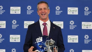 Jan 20, 2026; East Rutherford, NJ, USA; John Harbaugh poses after the press conference announcing his hiring as the next New York Giants head coach at Quest Diagnostics Training Center. Mandatory Credit: Ed Mulholland-Imagn Images