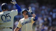 Jul 6, 2024; Los Angeles, California, USA; Los Angeles Dodgers catcher Will Smith (16) celebrates with first baseman Freddie Freeman (5) after hitting a two-run home run in the first inning against the Milwaukee Brewers at Dodger Stadium. Mandatory Credit: Kirby Lee-USA TODAY Sports