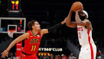 ATLANTA, GEORGIA - JANUARY 08: James Harden #13 of the Houston Rockets shoots a three-point basket against Trae Young #11 of the Atlanta Hawks in the first half at State Farm Arena on January 08, 2020 in Atlanta, Georgia. NOTE TO USER: User expressly acknowledges and agrees that, by downloading and/or using this photograph, user is consenting to the terms and conditions of the Getty Images License Agreement. Kevin C. Cox/Getty Images/AFP
== FOR NEWSPAPERS, INTERNET, TELCOS & TELEVISION USE ONLY ==