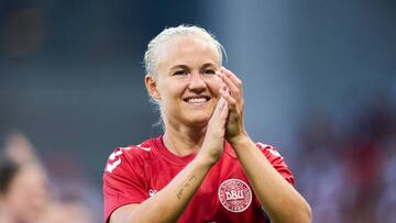 COPENHAGEN, DENMARK - JUNE 24: Pernille Harder of Denmark celebrates after the International womens friendly match between Denmark and Brazil at Parken on June 24, 2022 in Copenhagen, Denmark. (Photo by Lars Ronbog / FrontZoneSport via Getty Images)