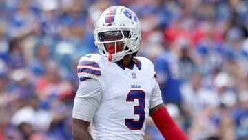 ORCHARD PARK, NEW YORK - AUGUST 12: Damar Hamlin #3 of the Buffalo Bills looks on during the first quarter of a preseason game against the Indianapolis Colts at Highmark Stadium on August 12, 2023 in Orchard Park, New York. Bryan M. Bennett/Getty Images/AFP (Photo by Bryan M. Bennett / GETTY IMAGES NORTH AMERICA / Getty Images via AFP)