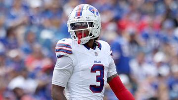 ORCHARD PARK, NEW YORK - AUGUST 12: Damar Hamlin #3 of the Buffalo Bills looks on during the first quarter of a preseason game against the Indianapolis Colts at Highmark Stadium on August 12, 2023 in Orchard Park, New York.   Bryan M. Bennett/Getty Images/AFP (Photo by Bryan M. Bennett / GETTY IMAGES NORTH AMERICA / Getty Images via AFP)