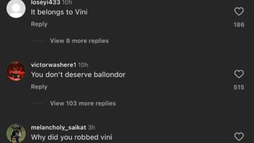 Captura de pantalla de comentarios de los fans de Vinicius en el Twitter de De Paul.