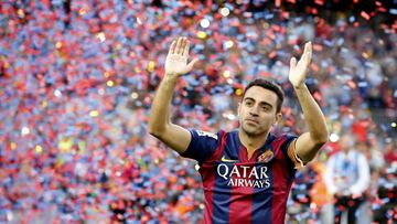 El 23 de mayo de 2015, Xavi recibió un bonito homenaje por parte del barcelonismo, ese día celebraban el título de LaLiga y faltarían 2 títulos más, la Copa ganada frente al Athletic en el Camp Nou y la Champions League ganada en Berlín frente a la Juventus. Xavi se despidió con el segundo triplete del Barça, el anterior lo consiguió en 2009.