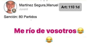El diario valenciano Levante recogió las burlas de un juvenil después de haber sido castigado con 80 partidos por agredir a un árbitro.