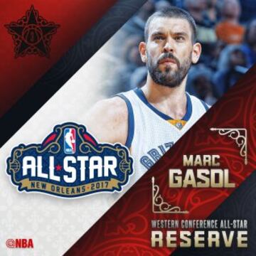 Marc Gasol (Memphis Grizzlies). Será su tercer Partido de las Estrellas tras los de 2012 y 2015 (en éste protagonizó un salto inicial junto a su hermano Pau para la historia). Si en 2015 fue elegido el mejor pívot de la NBA, en éste podría repetir. Promedia 20,6 puntos (su tope), 6,1 rebotes y 4,2 asistencias (también récord). Está completamente recuperado de la lesión que le apartó de las pistas el febrero pasado y le mantuvo fuera de ellas ocho meses. Llega tras firmar su tope anotador de siempre (42 tantos).