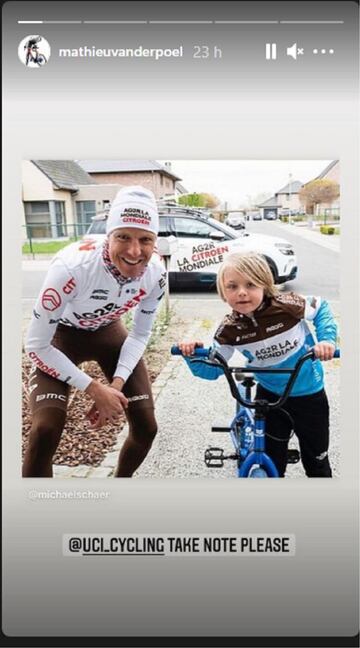 Mathieu Van der Poel comparte una foto de Michael Schär junto a su hijo en la que pide a la UCI que no sea tan estricta a la hora de que los ciclistas le den bidones a los aficionados.