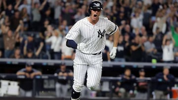 Greg Bird celebra el home run que supuso la &uacute;nica carrera del partido entre los New York Yankees y Cleveland Indians.