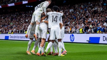 Players of Real Madrid (from left to right) Franco Mastantuono, Kylian Mbappe, Aurelien Tchouameni, and Eder Militao celebrate a goal during the LaLiga EA Sports football match between Real Madrid CF and Valencia CF at Estadio Santiago Bernabeu in Madrid, Spain, on November 1, 2025. (Photo by Alberto Gardin/NurPhoto via Getty Images)