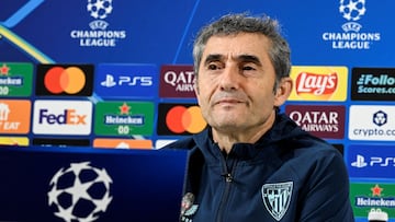Athletic Bilbao's Spanish coach Ernesto Valverde gives a press conference on the eve of the UEFA Champions League, League Phase - Match day 8, football match between Athletic Club Bilbao and Sporting CP at the San Mames stadium in Bilbao on January 27, 2026. (Photo by ANDER GILLENEA / AFP)