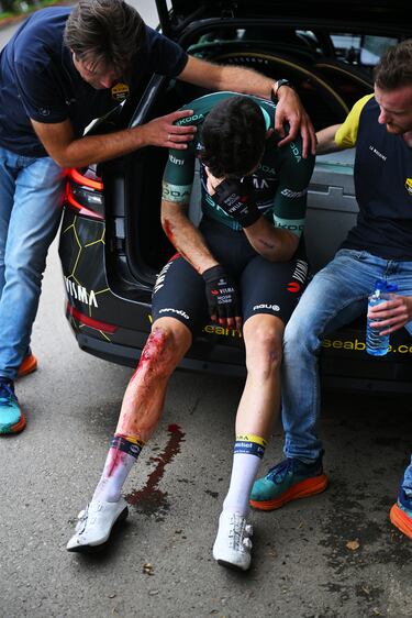 Wout van Aert, maillot verde de la carrera,   ha tenido que abandonar tras una terrible caída cuando iba escapado.