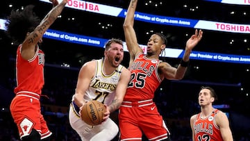 Luka Doncic #77 of the Los Angeles Lakers shoots the ball as Dalen Terry #25 of the Chicago Bulls defends during the first quarter at Crypto.com Arena on March 22, 2025 in Los Angeles, California.