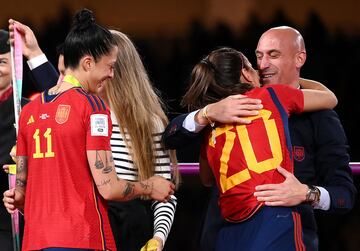 (FILES) Spain's defender #20 Rocio Galvez is congratuled by President of the Royal Spanish Football Federation Luis Rubiales