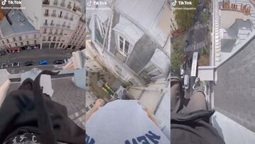 El freerunner Simon Nogueira en tres situaciones distintas en POV sobre los tejados de París, mirando al suelo.