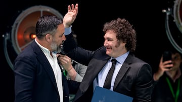 El l¨ªder de VOX, Santiago Abascal (i), y el presidente de Argentina, Javier Milei (d), durante el acto ¡®Viva 24¡¯ de VOX, en el Palacio de Vistalegre, a 19 de mayo de 2024, en Madrid (Espa?a). El evento, llamado ¡®Viva 24¡¯ y organizado por VOX de manera anual, celebra su tercera edici¨®n con la participaci¨®n de l¨ªderes internacionales, entre ellos el presidente argentino, Javier Milei. Adem¨¢s, durante la edici¨®n de este a?o el partido ha presentado su programa electoral de cara a los comicios europeos del pr¨®ximo 9 de junio.
19 MAYO 2024;VOX;MILEI;L?DERES;INTERNACIONAL;PROGRAMA;EUROPEO;COMICIOS;ELECCIONES;EUROPEAS;9J;9 DE JUNIO
A. P¨¦rez Meca / Europa Press
19/05/2024