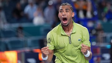 MIAMI GARDENS, FLORIDA - MARCH 25: Arthur Fils of France celebrates after defeating Tommy Paul of the United States in their quarter final match on Day 9 of the Miami Open at Hard Rock Stadium on March 25, 2026 in Miami Gardens, Florida. Rich Storry/Getty Images/AFP (Photo by Rich Storry / GETTY IMAGES NORTH AMERICA / Getty Images via AFP)