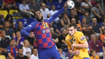 Dika Mem lanza a portería durante el partido de Champions League entre el Barcelona y el Celje.