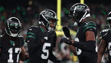 EAST RUTHERFORD, NEW JERSEY - OCTOBER 31: Garrett Wilson #5 of the New York Jets celebrates a touchdown with Mike Williams #18 during the third quarter against the Houston Texans at MetLife Stadium on October 31, 2024 in East Rutherford, New Jersey. Sarah Stier/Getty Images/AFP (Photo by Sarah Stier / GETTY IMAGES NORTH AMERICA / Getty Images via AFP)