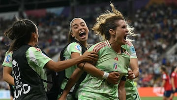 Italy's forward #10 Cristiana Girelli celebrates after she scored her team's second goal during the UEFA Women's Euro 2025 quarter-final football match between Norway and Italy at the Stade de Geneve in Geneva, on July 16, 2025. Italy won 2-1 over Norway. (Photo by SEBASTIEN BOZON / AFP)