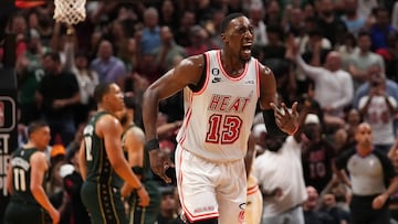 Miami Heat center Bam Adebayo (13) reacts after making a shot against the Boston Celtics during the second half at Miami-Dade Arena.