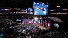 ARLINGTON, TX - APRIL 26:  The New England Patriots logo is seen on a video board during the first round of the 2018 NFL Draft at AT&amp;T Stadium on April 26, 2018 in Arlington, Texas.  (Photo by Tim Warner/Getty Images)
