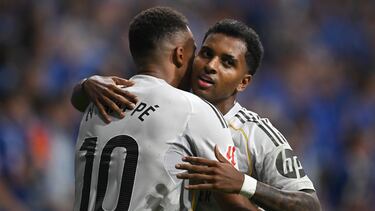 OVIEDO, SPAIN - AUGUST 24: Kylian Mbappe of Real Madrid celebrates with Rodrygo after scoring his team's opening goal during warm up prior to the LaLiga EA Sports match between Real Oviedo and Real Madrid CF at Carlos Tartiere on August 24, 2025 in Oviedo, Spain. (Photo by Denis Doyle/Getty Images)