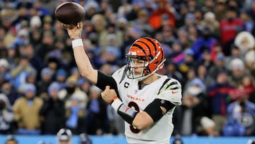 NASHVILLE, TENNESSEE - JANUARY 22: Quarterback Joe Burrow #9 of the Cincinnati Bengals throws a second half pass against the Tennessee Titans during the AFC Divisional Playoff game at Nissan Stadium on January 22, 2022 in Nashville, Tennessee. Andy Lyon