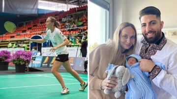 La jugadora de b&aacute;dminton Kristina Sotomayor, durante una competici&oacute;n y junto a su marido y su hijo tras dar a luz en Avil&eacute;s despu&eacute;s de huir de la guerra de Ucrania.