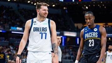 Indianapolis, Indiana, USA; Dallas Mavericks guard Luka Doncic (77) in the second quarter against the Indiana Pacers at Gainbridge Fieldhouse.