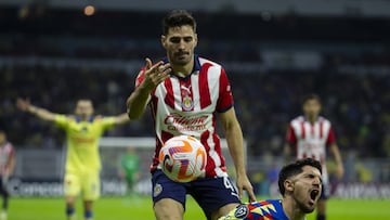 Antonio Briseno (L) of Guadalajara fights for the ball with Diego Valdes (R) of America during the round of 16 second leg match between America and Guadalajara - Round of 16as part of the CONCACAF Champions Cup 2024, at Azteca Stadium on March 13, 2024 in Mexico City, Mexico.