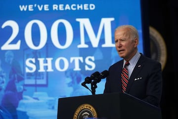 Joe Biden delivers remarks on the COVID-19 response and the state of vaccinations at the South Court Auditorium of Eisenhower Executive Office Building on April 21, 2021 in Washington, DC.