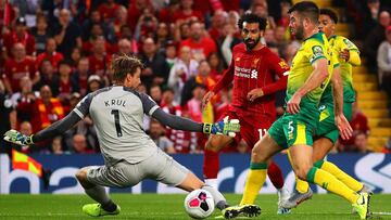 LIVERPOOL, ENGLAND - AUGUST 09: Mohamed Salah of Liverpool scores his side&#039;s second goal during the Premier League match between Liverpool FC and Norwich City at Anfield on August 09, 2019 in Liverpool, United Kingdom. (Photo by Chris Brunskill/Fanta