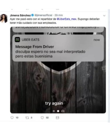 Jimena Sánchez recibe mensaje acosador de un conductor de Uber Eats