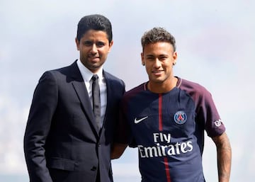 Nasser Al-Khelaifi with Neymar during the player's PSG unveiling. The Brazilian is yet to be cleared to make his debut for the French club.