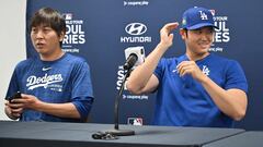 TOPSHOT - This picture taken on March 16, 2024 shows Los Angeles Dodgers' Shohei Ohtani (R) and his interpreter Ippei Mizuhara (L) attending a press conference at Gocheok Sky Dome in Seoul ahead of the 2024 MLB Seoul Series baseball game between Los Angeles Dodgers and San Diego Padres. The Los Angeles Dodgers said on March 21 they had fired Shohei Ohtani's interpreter after the Japanese baseball star's representatives claimed he had been the victim of "a massive theft" reported to involve millions of dollars. (Photo by Jung Yeon-je / AFP)