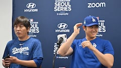 TOPSHOT - This picture taken on March 16, 2024 shows Los Angeles Dodgers' Shohei Ohtani (R) and his interpreter Ippei Mizuhara (L) attending a press conference at Gocheok Sky Dome in Seoul ahead of the 2024 MLB Seoul Series baseball game between Los Angeles Dodgers and San Diego Padres. The Los Angeles Dodgers said on March 21 they had fired Shohei Ohtani's interpreter after the Japanese baseball star's representatives claimed he had been the victim of "a massive theft" reported to involve millions of dollars. (Photo by Jung Yeon-je / AFP)