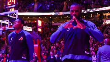 Jan 5, 2025; Houston, Texas, USA; Los Angeles Lakers forward LeBron James (23) reacts to the national anthem before playing against the Houston Rockets Toyota Center. Mandatory Credit: Thomas Shea-Imagn Images