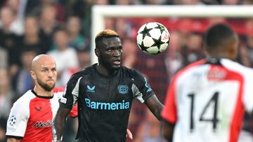 Bayer Leverkusen's Nigerian forward #22 Victor Boniface controls the ball during the UEFA Champions League 1st round day 1 football match between Feyenoord and Bayer Leverkusen at The De Kuip Stadium, in Rotterdam on September 19, 2024. (Photo by JOHN THYS / AFP)