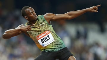 Usain Bolt of Jamaica reacts after winning the men&#039;s 100m race during the London Diamond League &#039;Anniversary Games&#039; athletics meeting at the Olympic Stadium, in east London July 26, 2013. The venue is where the London 2012 Olympic Games wer