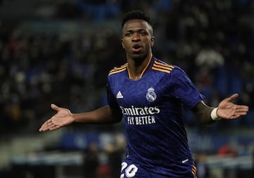 Soccer Football - LaLiga - Real Sociedad v Real Madrid - Reale Arena, San Sebastian, Spain - December 4, 2021 Real Madrid's Vinicius Junior celebrates scoring their first goal REUTERS/Vincent West