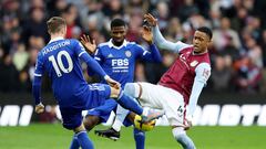 Soccer Football - Premier League - Aston Villa v Leicester City - Villa Park, Birmingham, Britain - February 4, 2023 Leicester City's James Maddison in action with Aston Villa's Ezri Konsa REUTERS/David Klein EDITORIAL USE ONLY. No use with unauthorized audio, video, data, fixture lists, club/league logos or 'live' services. Online in-match use limited to 75 images, no video emulation. No use in betting, games or single club /league/player publications.  Please contact your account representative for further details.