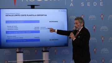 Carlos Mouriño explica el límite salarial de la plantilla del Celta durante la junta de accionistas del club vigués.