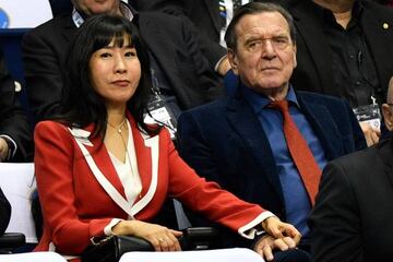 Former German chancellor Gerhard Schroeder and his South Korean wife Kim So-Yeon Schroeder attend the IHF Men's World Championship 2019 Group A handball match between Korea and Germany at the Mercedes-Benz Arena in Berlin on January 10, 2019. (Photo by Jo