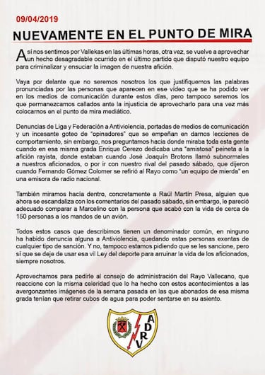 Las Pe?as del Rayo piden no criminalizar a toda la afici¨®n