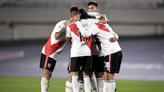 BUENOS AIRES, ARGENTINA - JULY 25: Matias Suarez of River Plate celebrates with teammates after scoring the second goal of his team during a match between River Plate and Union as part of Torneo Liga Profesional 2021 at Estadio Monumental Antonio Vespucio Liberti on July 25, 2021 in Buenos Aires, Argentina. (Photo by Marcelo Endelli/Getty Images)