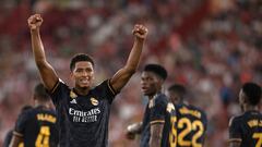 Real Madrid's English midfielder #05 Jude Bellingham celebrates scoring his second goal during the Spanish Liga football match between UD Almeria and Real Madrid CF at the Municipal Stadium of the Mediterranean Games in Almeria on August 19, 2023. (Photo by JORGE GUERRERO / AFP)