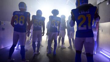Dec 17, 2023; Inglewood, California, USA; Los Angeles Rams tight end Brycen Hopkins (88) linebacker Troy Reeder (59) linebacker Ernest Jones (53) and running back Zach Evans (21) gather before playing against the Washington Commanders at SoFi Stadium. Mandatory Credit: Gary A. Vasquez-USA TODAY Sports